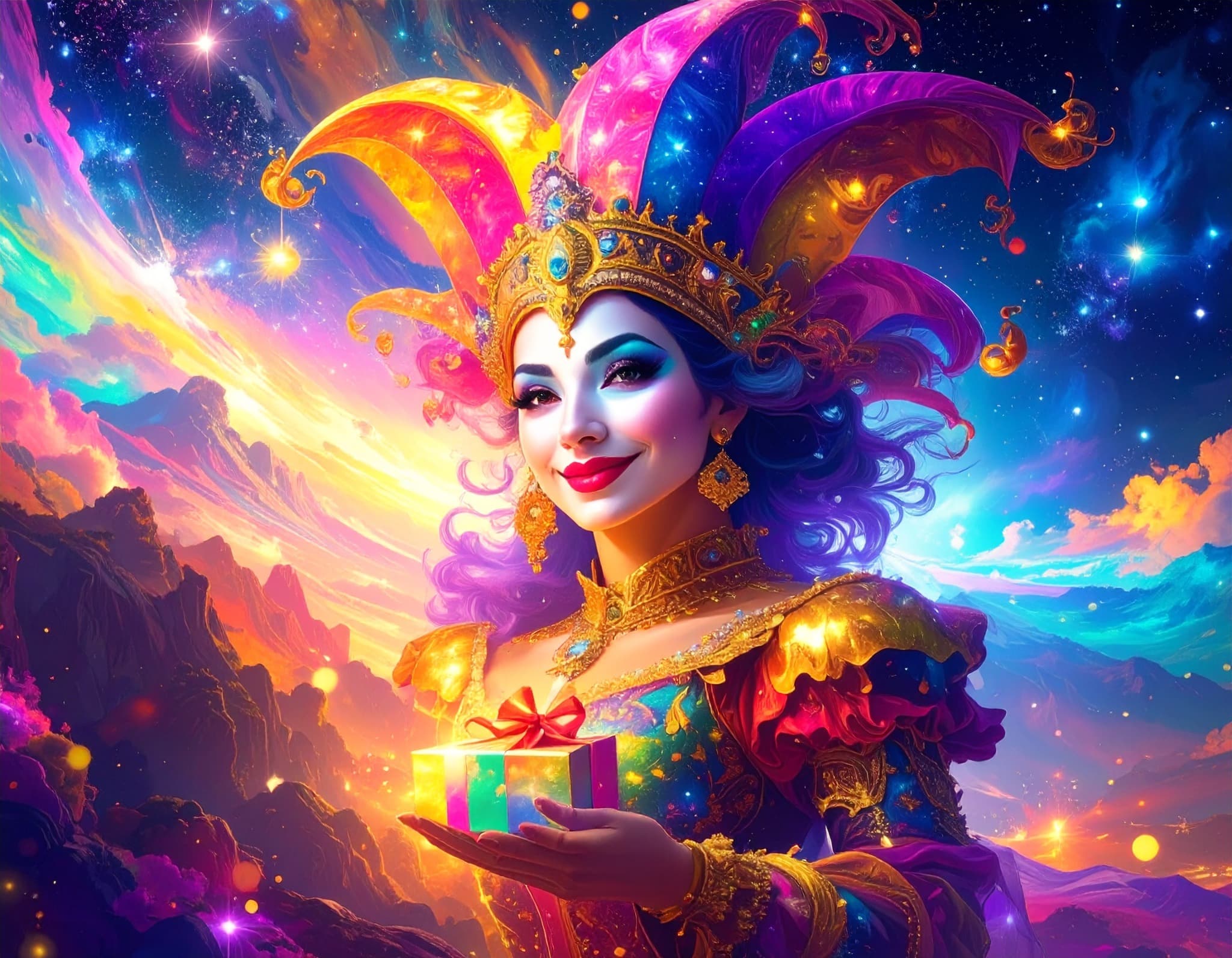 Whimsical jester holding a gift
